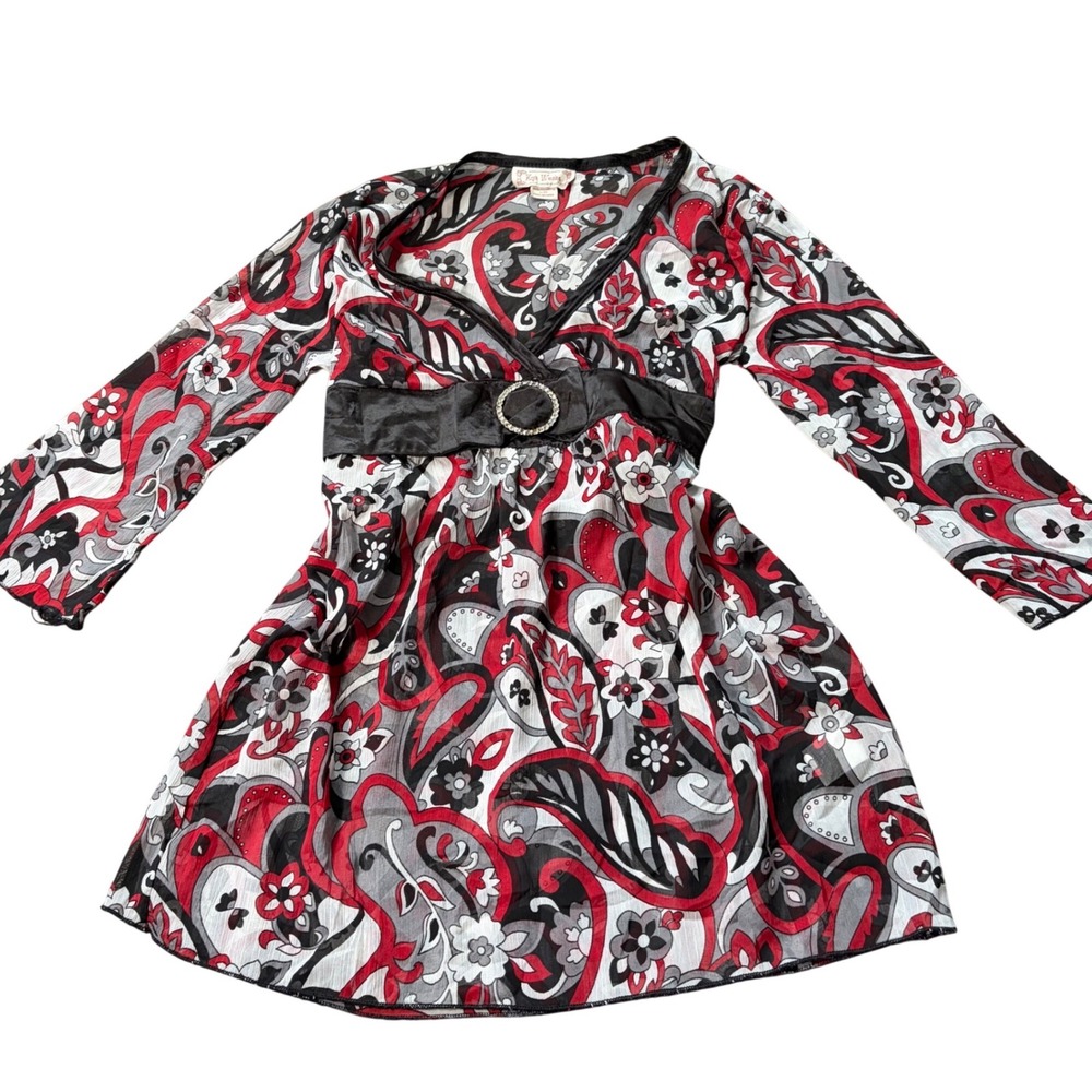 Y2K Whimsy Babydoll Red Black Paisley Floral Tunic Top Rhinestone Buckle L 14